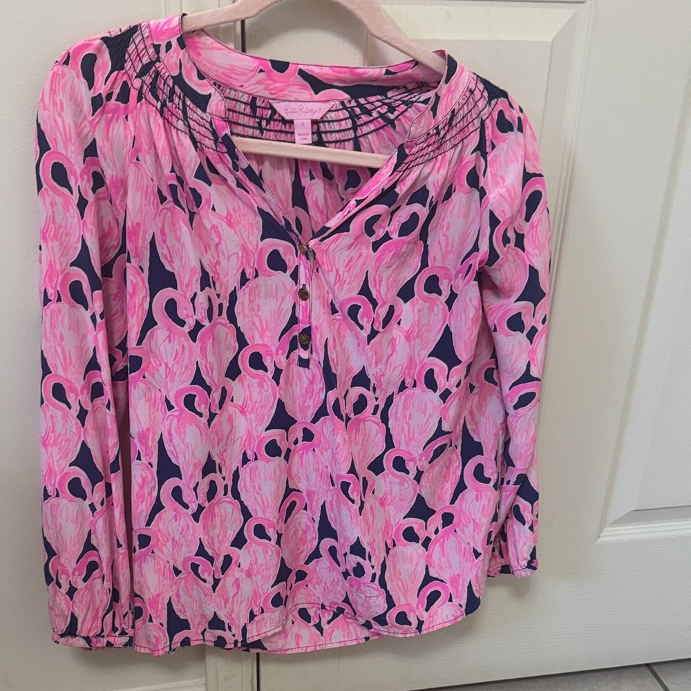 Lilly Pulitzer Pink and Navy Silk Flamingo Blouse